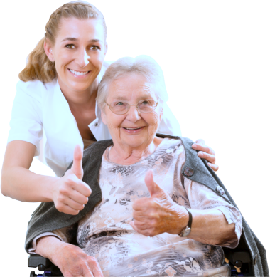 caregiver and an elder woman showing their thumbs up